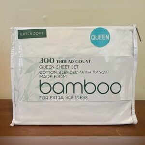 Queen Sheet Set 300 Thread Count Extra Soft Bamboo Cotton Rayon White Solid